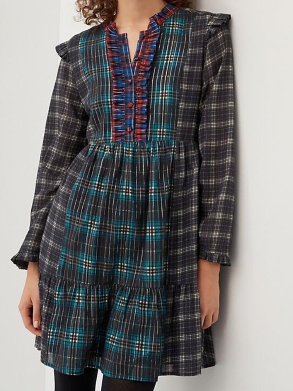 Anthropologie Dhruv Kapoor Ariana Holiday Plaid Ruffled Mini Dress size Small